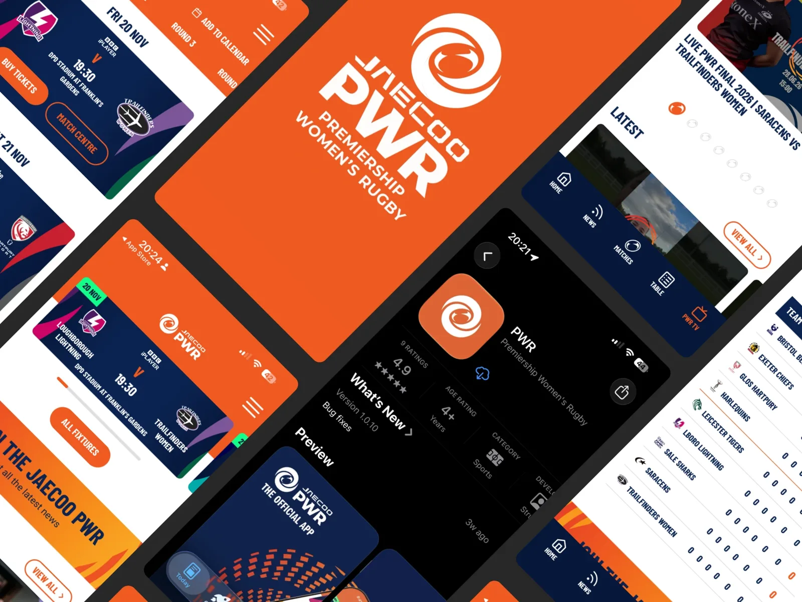 Screens from the Premiership Women’s Rugby app: fixtures, the league table, latest news and its App Store page.