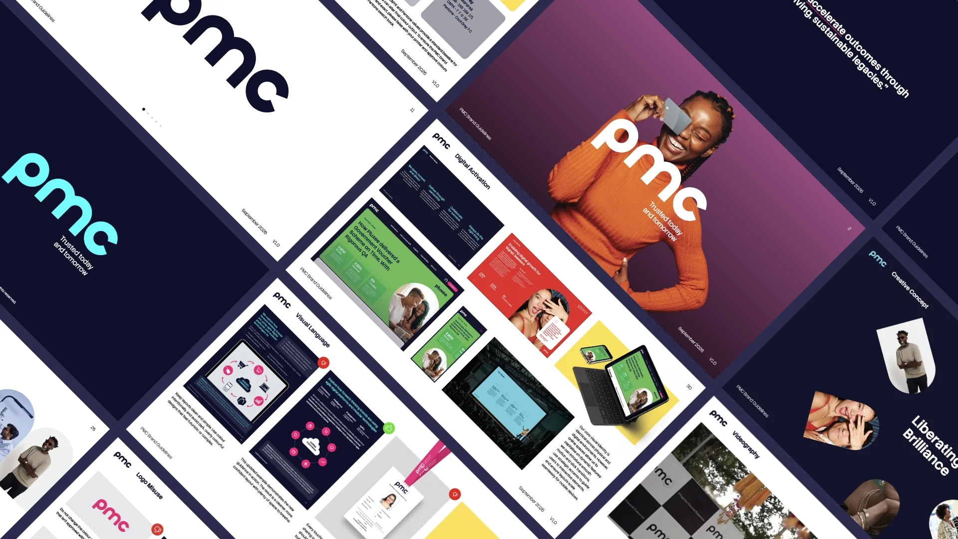PMC brand guidelines pages laid out at an angle: the logo on dark blue, a portrait on purple, visual language and digital activation spreads.