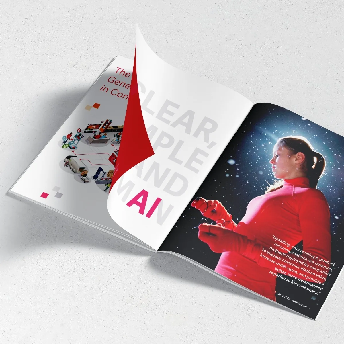 A printed brand report open on a table, with a page turning to show a photograph of a woman in red against a starry sky.