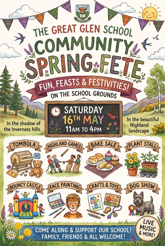 A poster for The Great Glen School community spring fete, with bunting, hand-drawn stalls and the Highland hills.