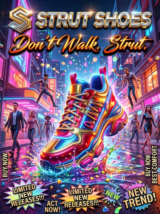 A neon poster for Strut Shoes, Don’t Walk. Strut., with a glowing trainer splashing through a city street.