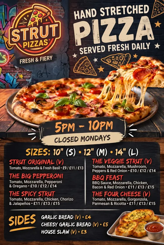 A poster for Strut Pizzas: hand stretched pizza served fresh daily, with a menu below.