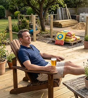 A man relaxing in a garden chair with a drink.