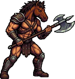 Ed’s pixel-art reverse centaur, a horse with a person strapped to its back, standing ready.