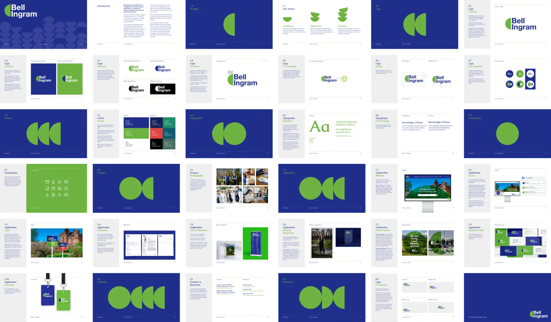 Pages from the Bell Ingram brand guidelines laid out in a grid: logo, colour, type, imagery and layouts.