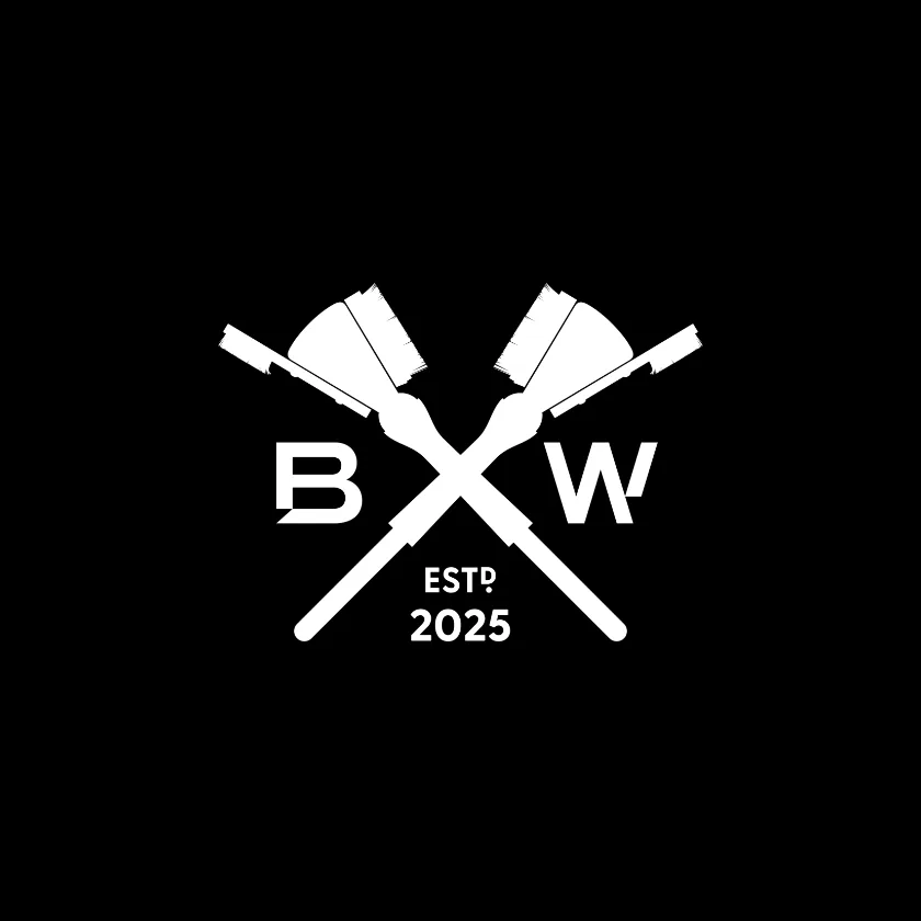 The Brushworks crest in white on black: two crossed brushes over the letters B and W, established 2025.