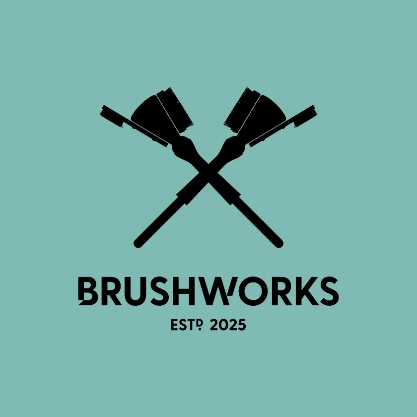 The Brushworks logo in black on teal: two crossed brushes above the name.
