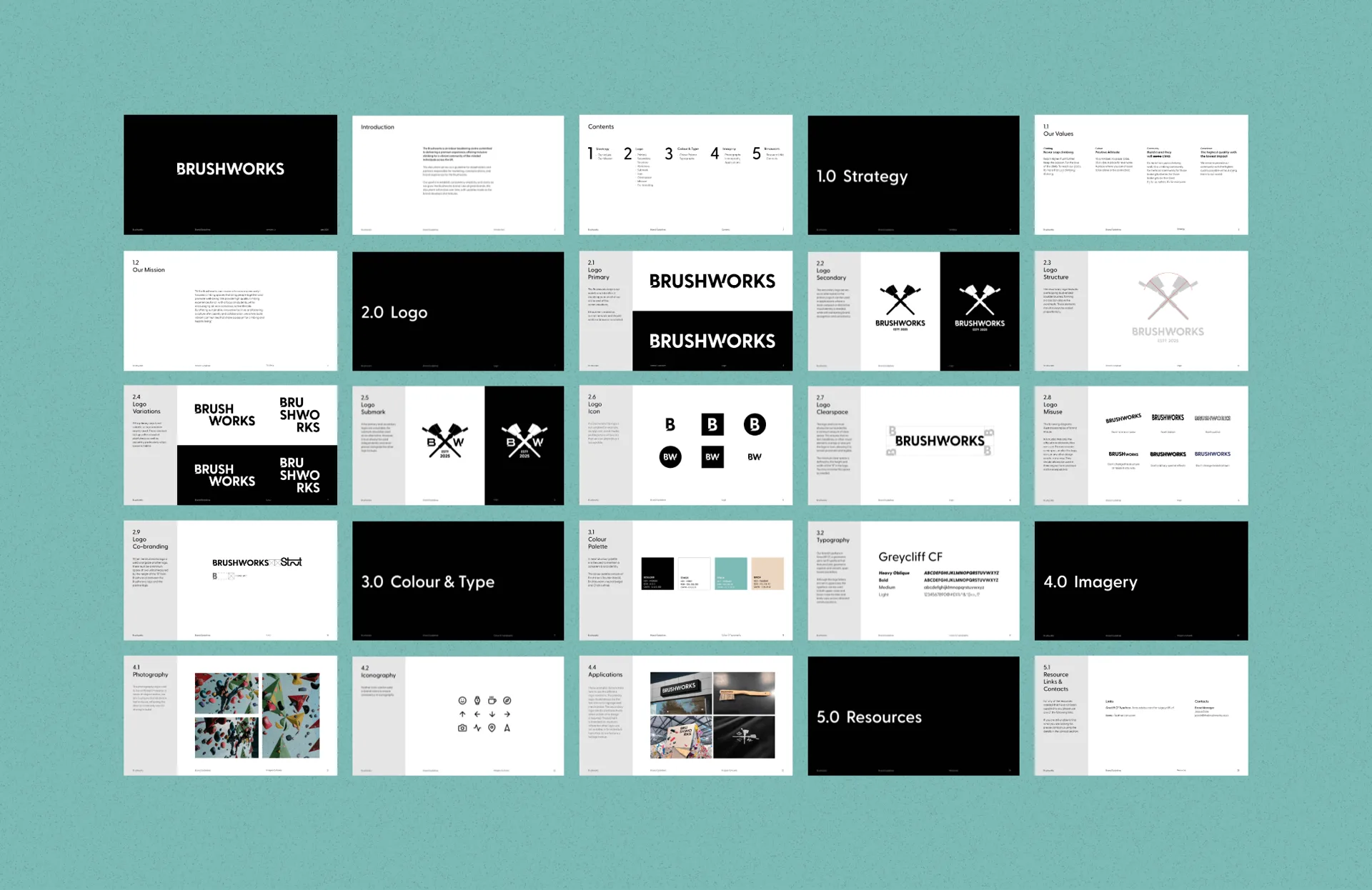 Pages from the Brushworks brand guidelines laid out on teal: strategy, logo, colour and type, imagery and resources.