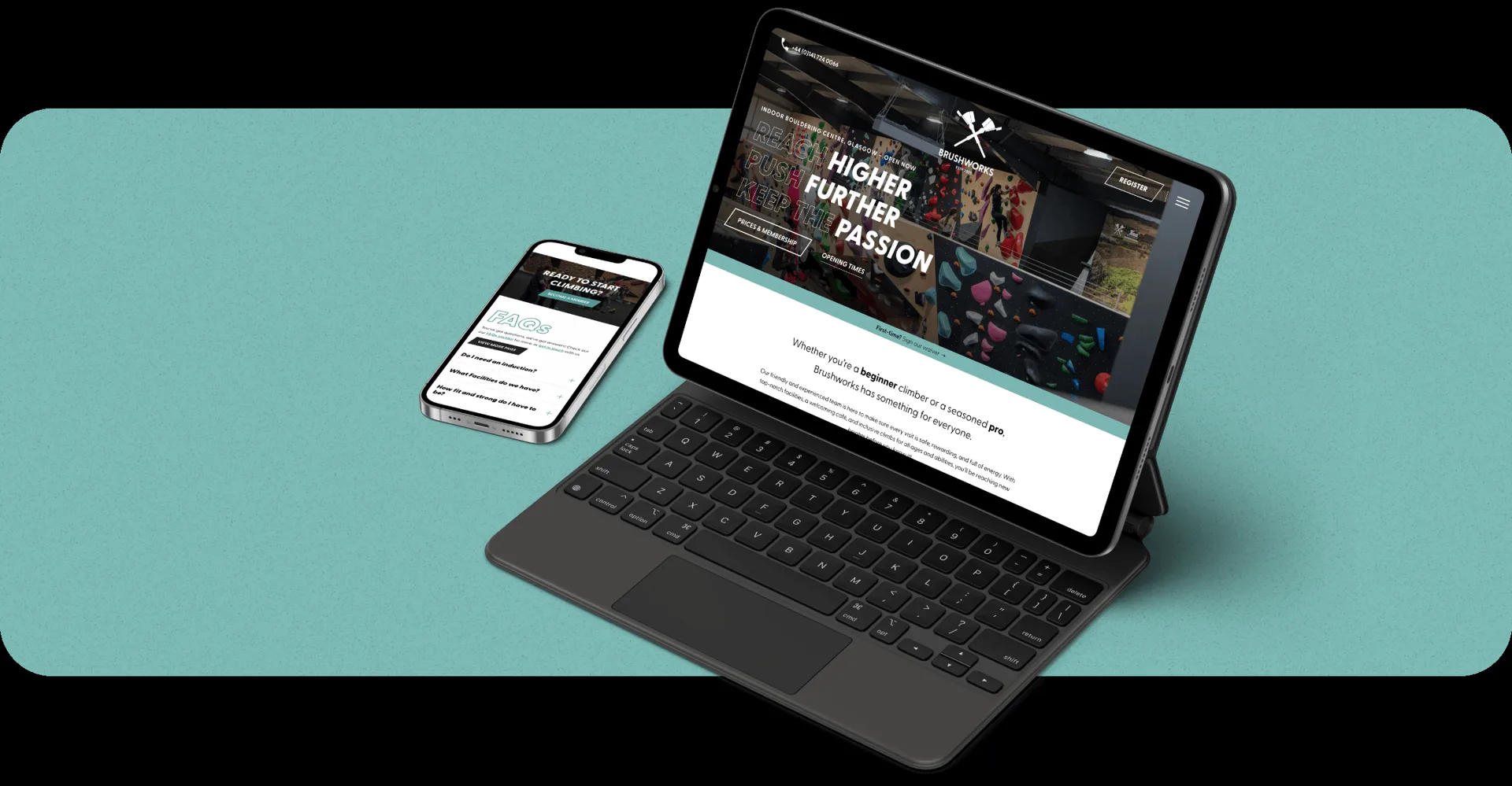 The Brushworks website on a tablet and a phone, on teal: “Higher. Further. Passion.”