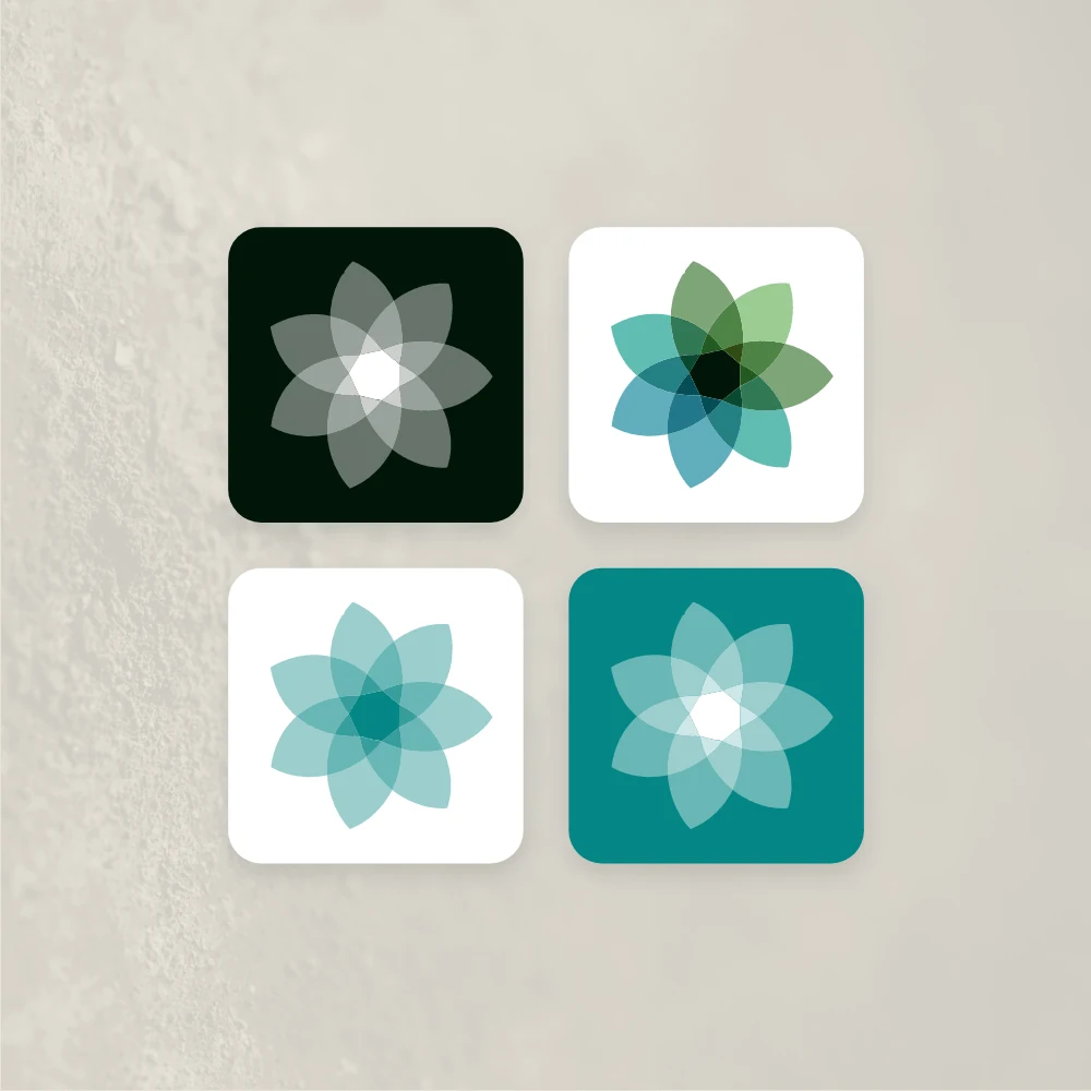 Four Pendle app icons: the flower in white on near-black, in greens and blues on white, in pale teal on white and in white on teal, on a stone texture.