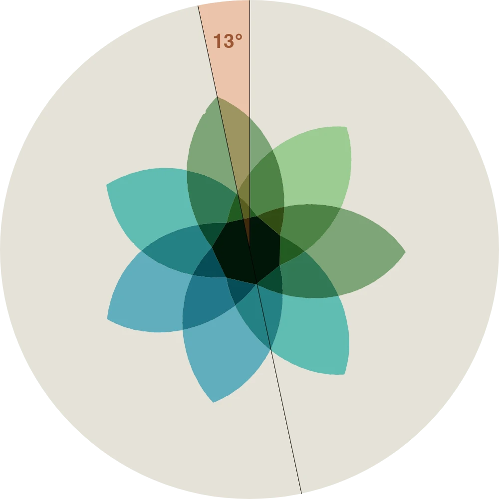 The Pendle flower on a stone-coloured circle, with a line marking the angle it is tilted off the vertical.
