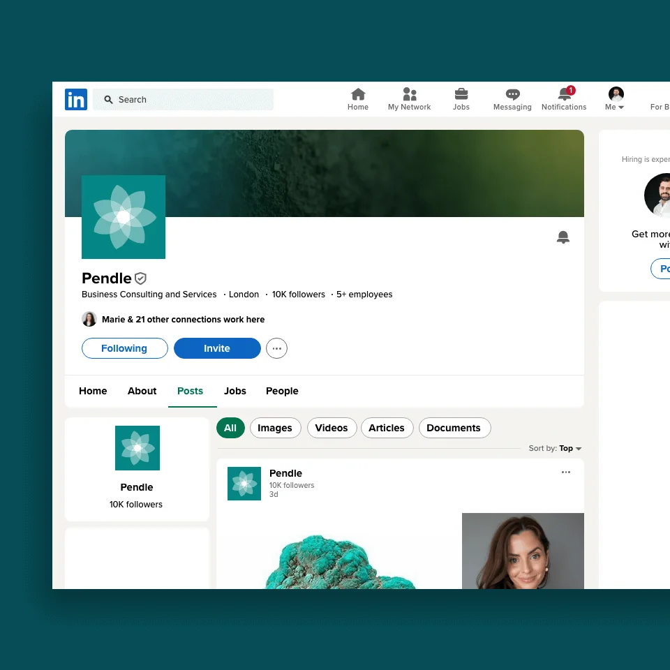 Pendle’s LinkedIn page, with the flower logo and a textured teal banner.