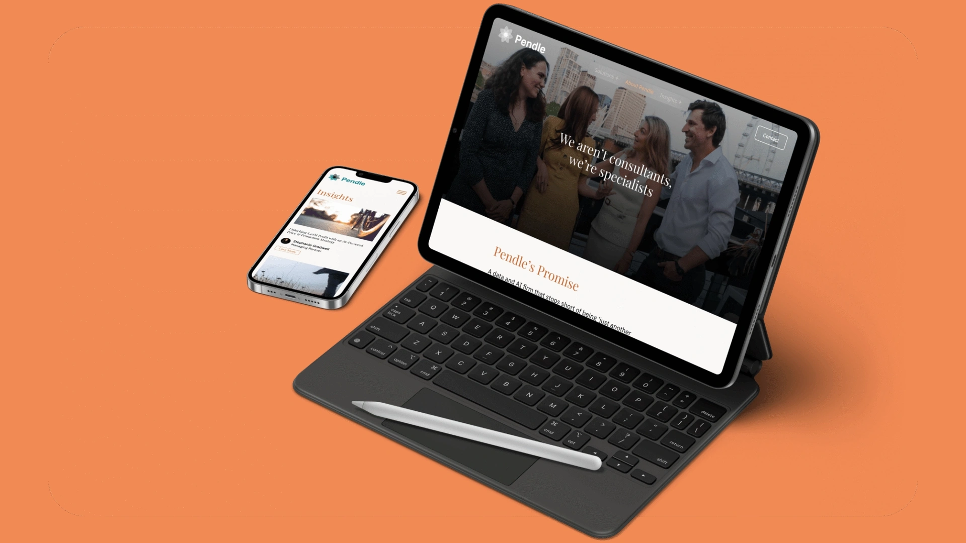 The Pendle website on a tablet and phone, on orange.