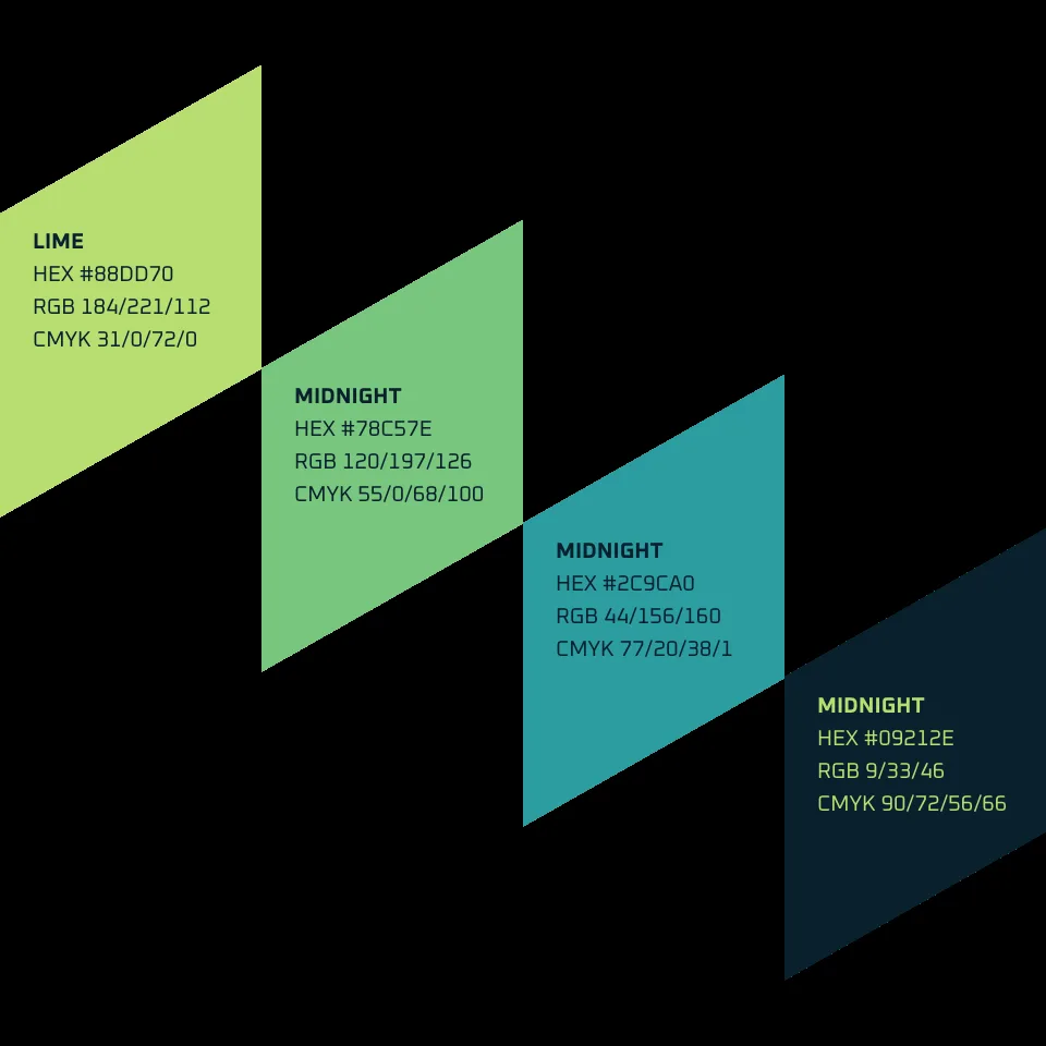 The Primrose palette as angled swatches: lime, two greens and midnight, with their colour values.