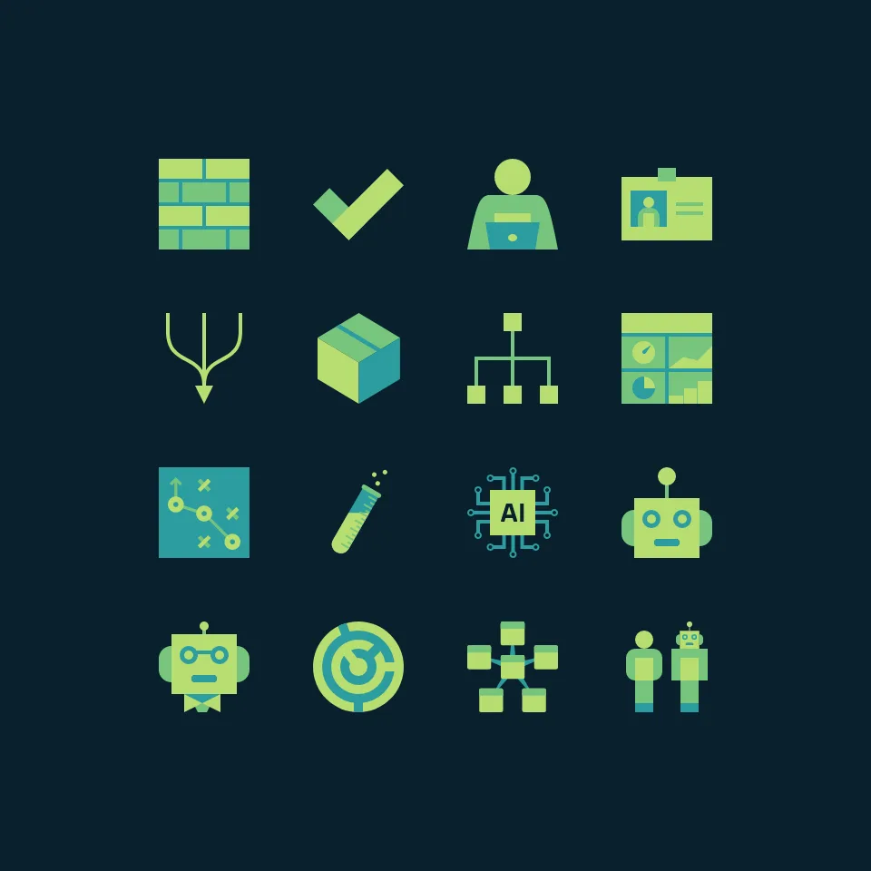 A set of custom Primrose icons in green on midnight blue: a data wall, a tick, a person, a robot, a network and more.