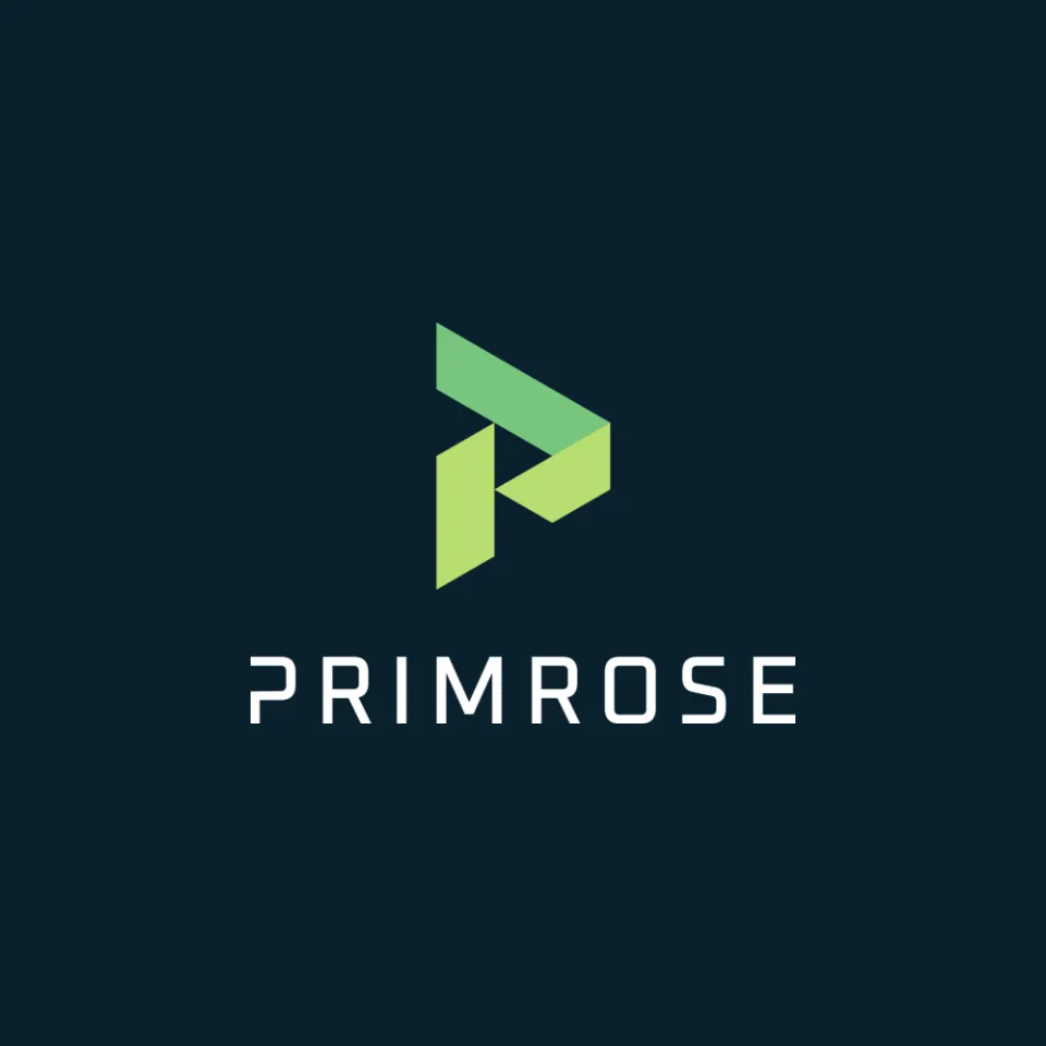 The Primrose stacked logo in white and green on midnight blue.