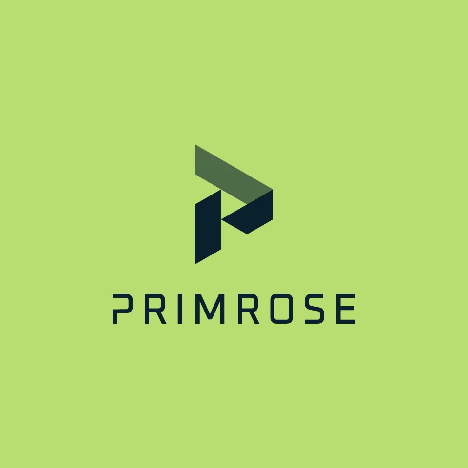 The Primrose stacked logo, the P mark above the name, on lime.