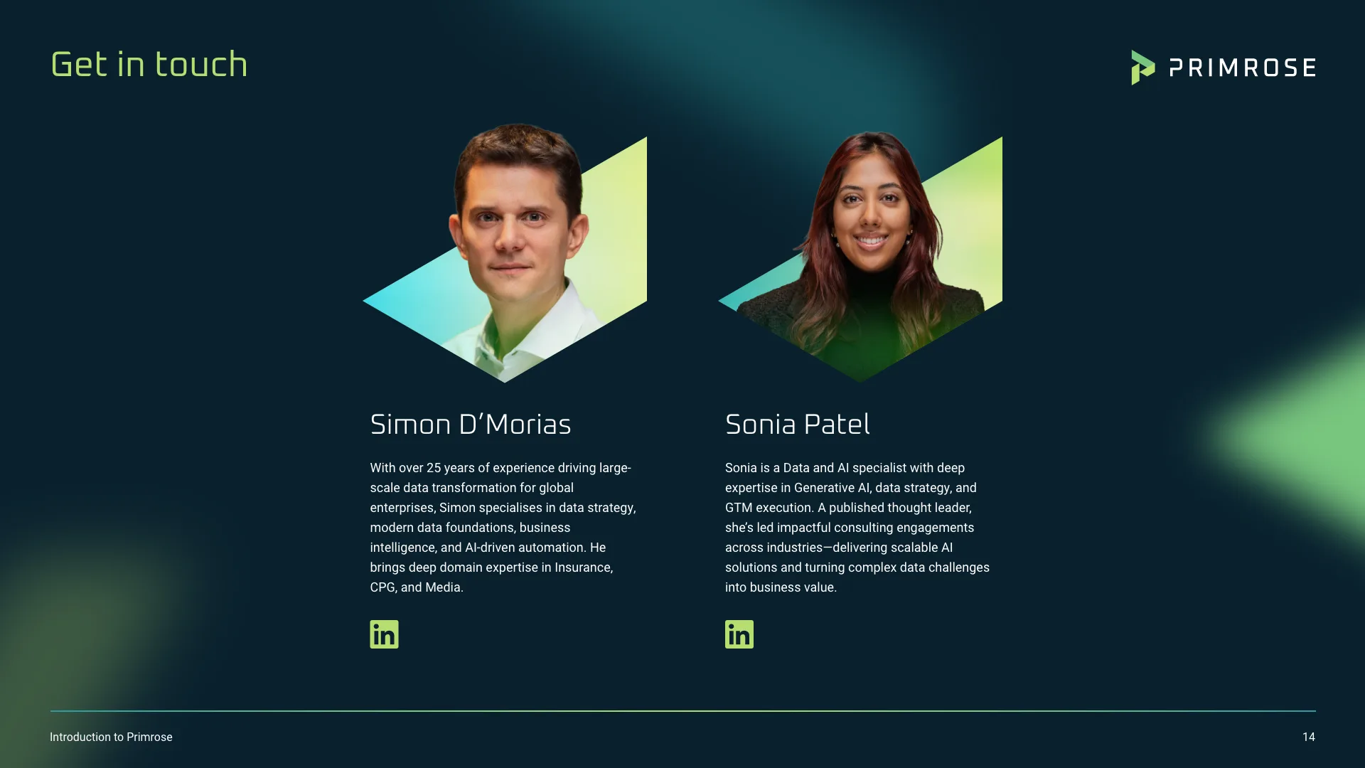 A Primrose slide in midnight blue introducing the team, two portraits set in angled green frames.