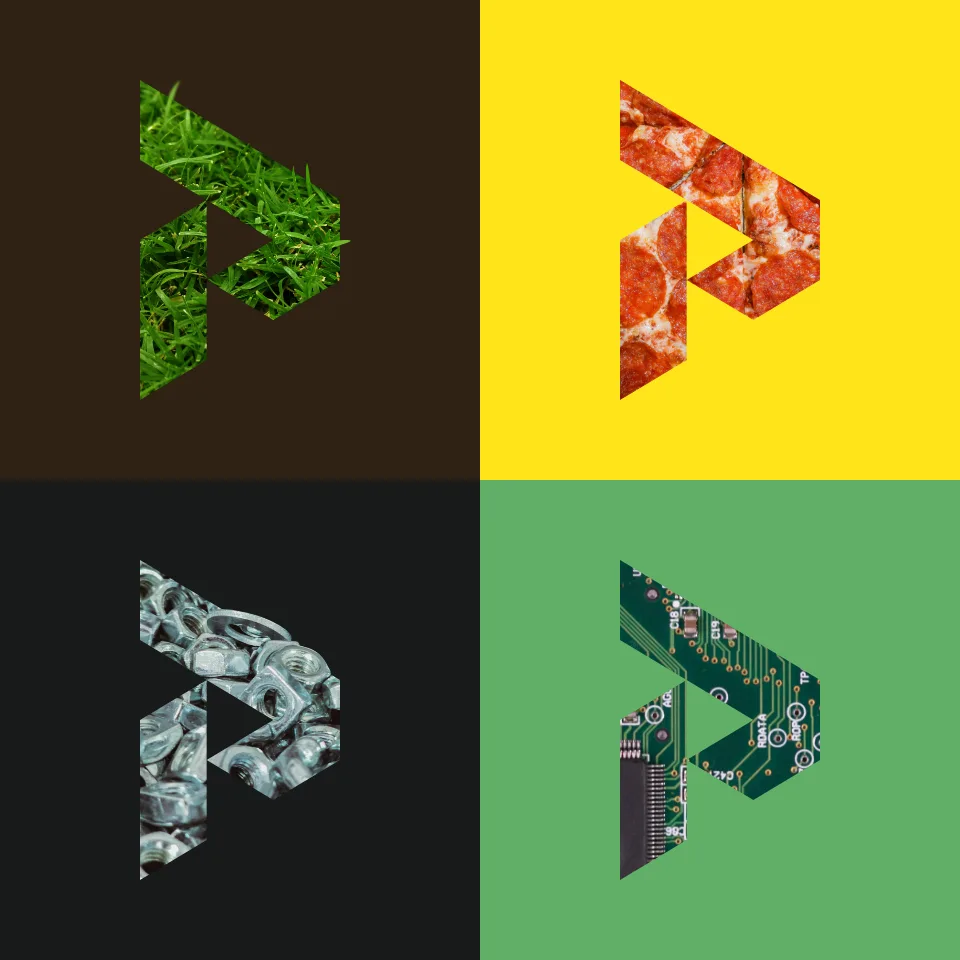 The Primrose P mark filled with four textures: grass, tomatoes, ice and circuit board.
