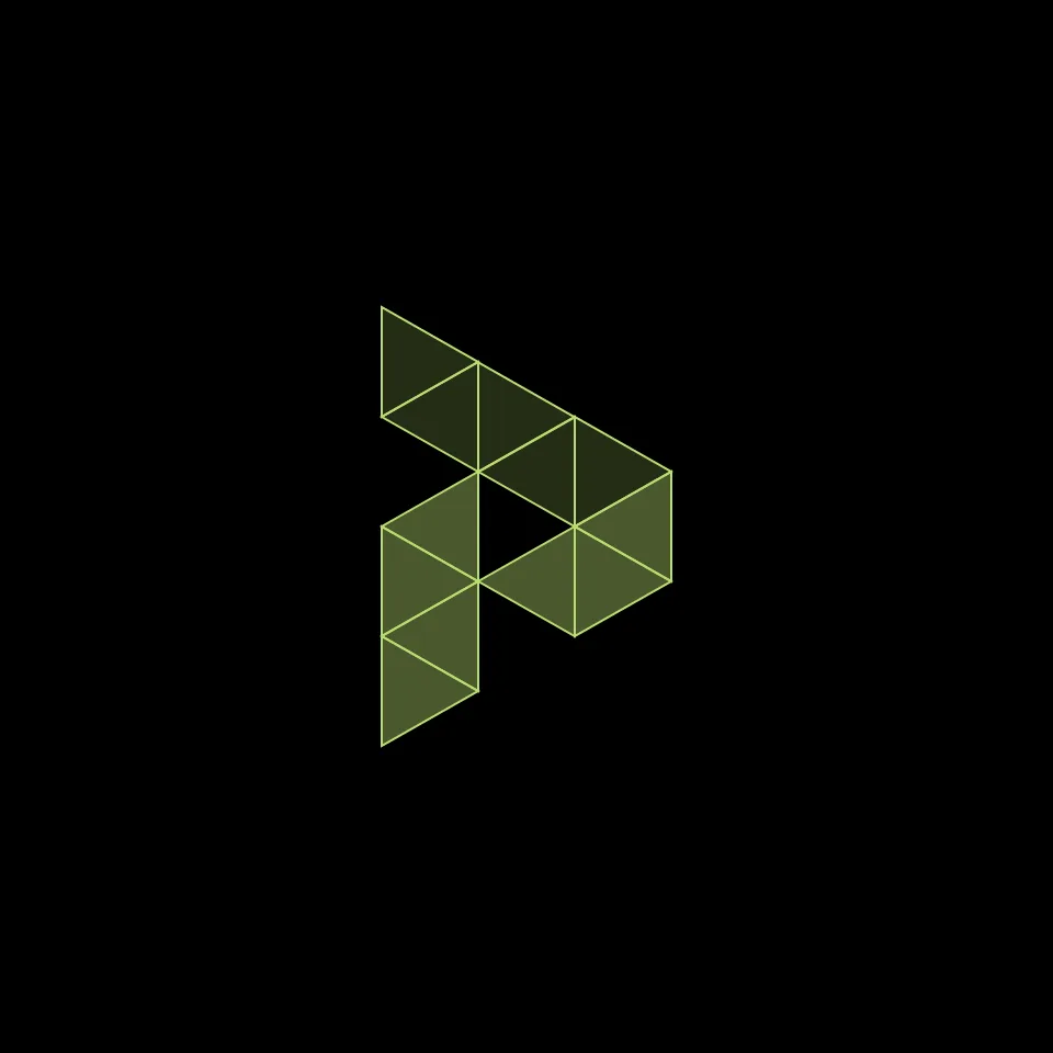 The Primrose P drawn as triangular modules on black.