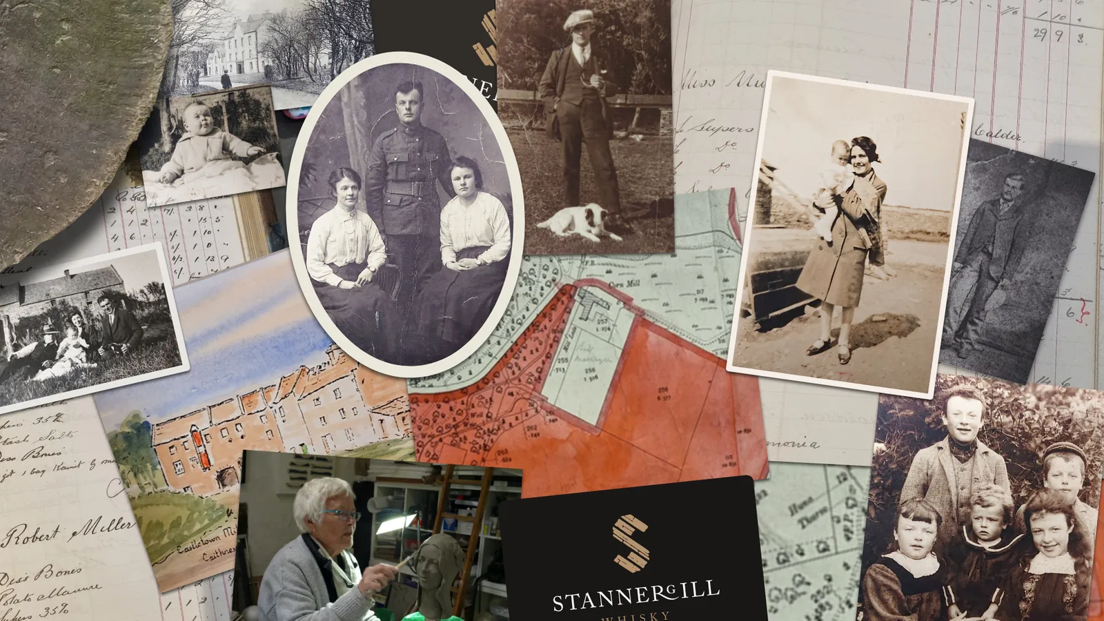 A collage of old family photographs, maps and letters from the Stannergill archive, with the finished Stannergill Whisky logo at the corner.